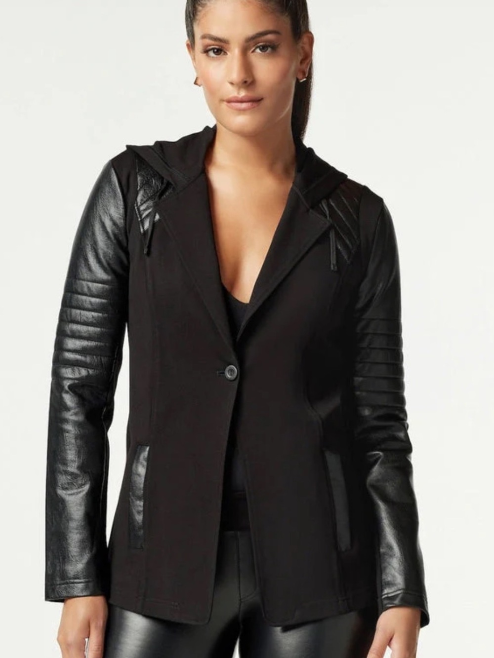 Blanc Noir Black Hooked Moto Faux Leather Hooded Blazer Medium